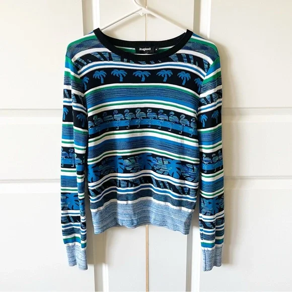 Desigual Tropical Border Flamingo Floridian Blue Black Knit Sweater Size Medium
